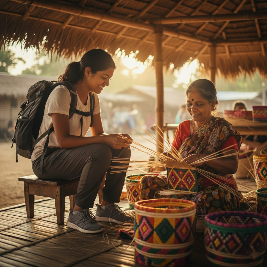 Traveler interacting with a local artist